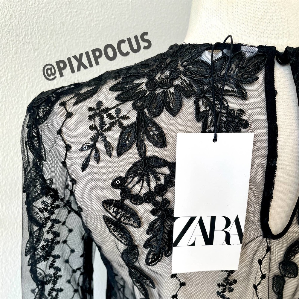 ZARA EMBROIDERED SEMI-SHEER DRESS TULLE BLACK - Picture 12 of 16
